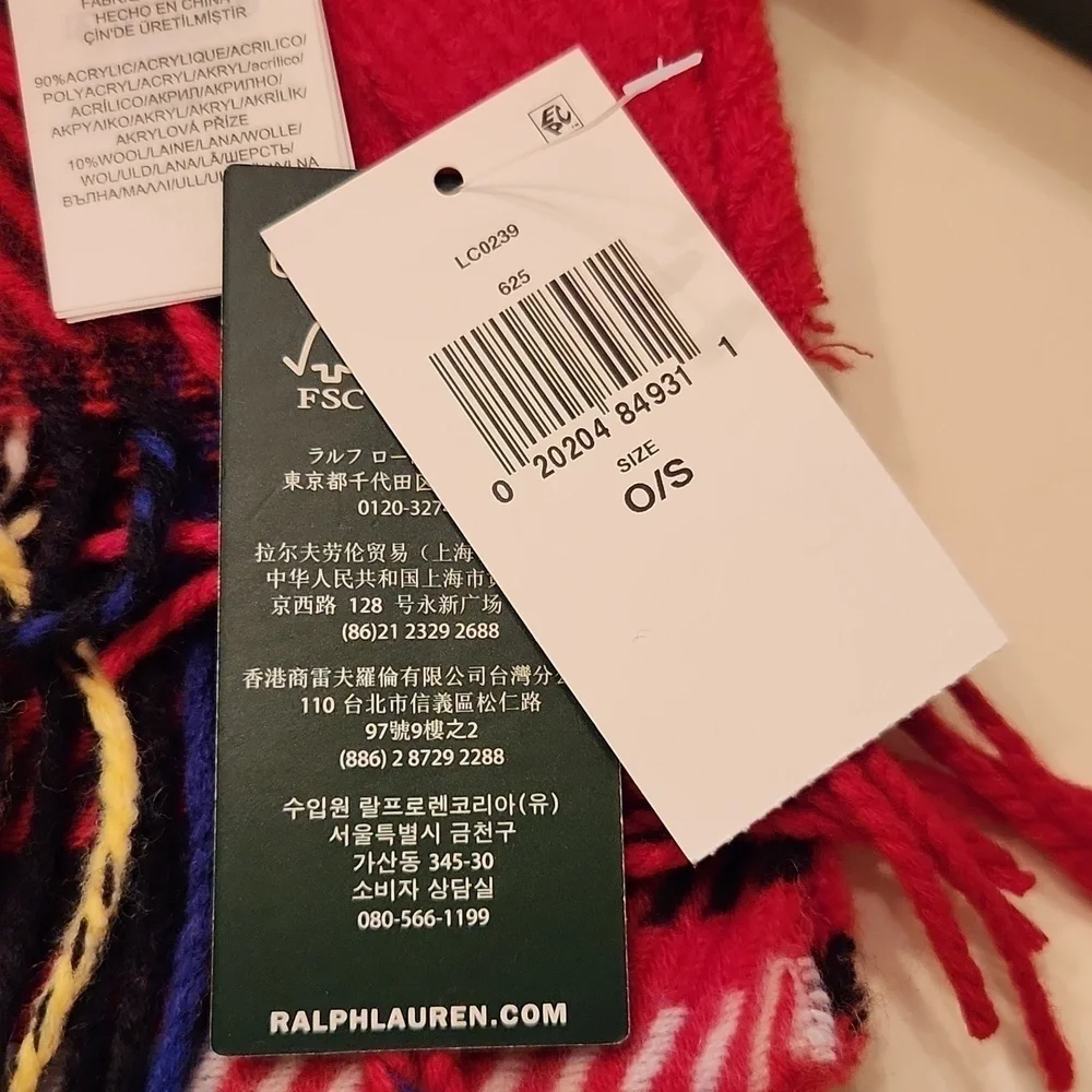 Ralph Lauren wool blend red Tartan Scarf new with tags